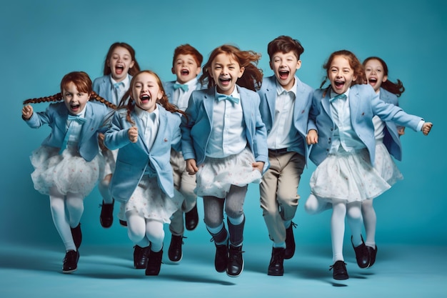 Un groupe d'enfants en uniformes bleus et chemises bleues courent sur un fond bleu