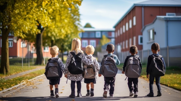 Un groupe d'enfants va à l'école avec des sacs à dos.