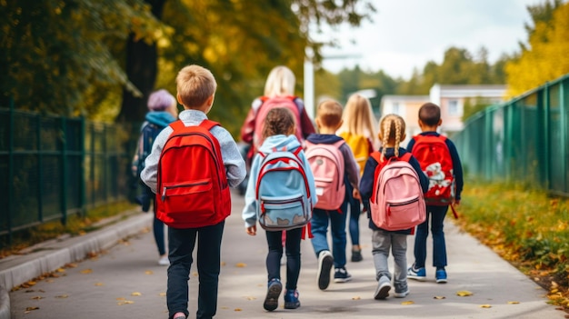 Un groupe d'enfants va à l'école avec des sacs à dos.