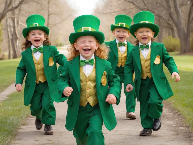 un groupe d'enfants vêtus de costumes verts et de chapeaux courant sur un sentier