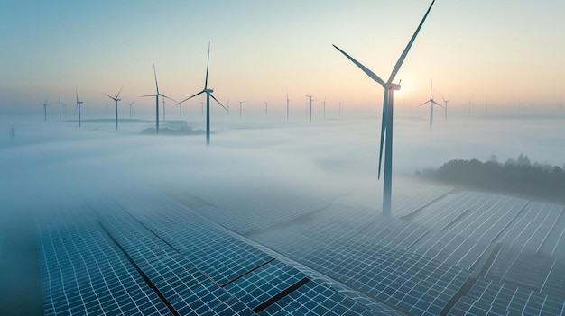 un groupe d'éoliennes dans un champ brumeux