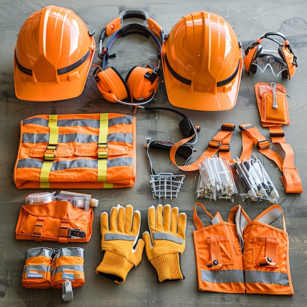 un groupe d'équipement de plongée orange et noir, y compris un gilet de sauvetage orange