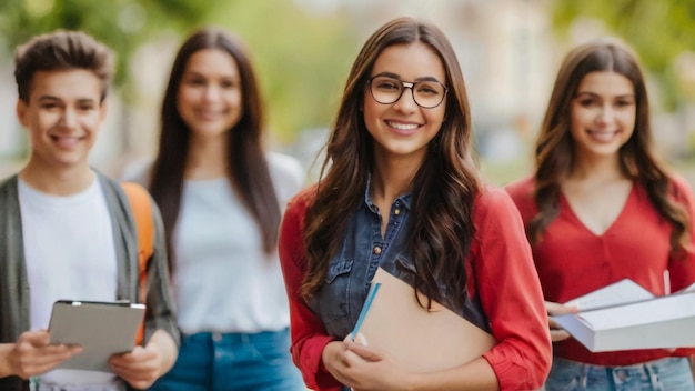 un groupe d'étudiantes avec des lunettes et un pull rouge