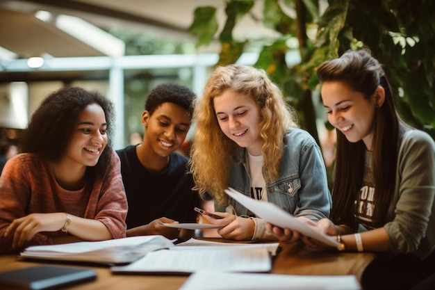 Un groupe d'étudiants assis à une table, l'un d'eux tient une feuille de papier avec les mots "je suis un."