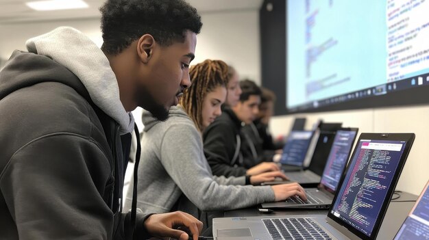 Un groupe d'étudiants dans un camp d'entraînement de codage chacun concentré sur leurs ordinateurs portables alors qu'ils résolvent la programmation