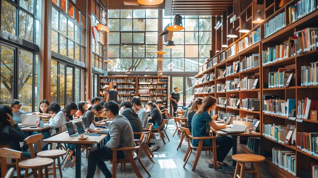 Un groupe d'étudiants divers étudiant et travaillant ensemble dans une bibliothèque moderne avec de grandes fenêtres, des tables et des chaises en bois et un environnement chaleureux et accueillant.