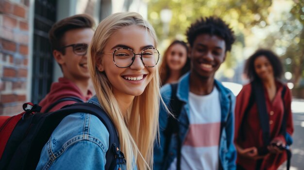 Un groupe d'étudiants divers se promènent et parlent sur le campus. Ils sourient et rient et semblent heureux d'être ensemble.