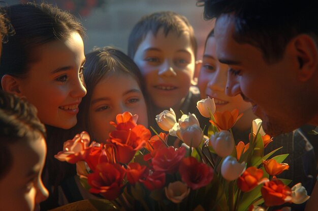 Un groupe d'étudiants donnant des fleurs à leur préféré