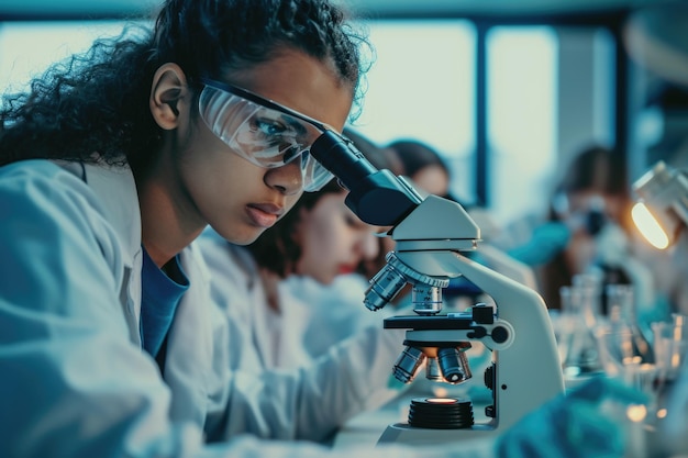 Un groupe d'étudiants effectuant une expérience à l'aide d'un microscope dans un laboratoire scientifique axé sur l'université