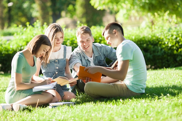 Groupe d'étudiants étudiant à l'extérieur