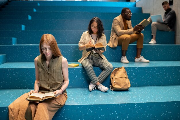 Photo groupe d'étudiants interculturels assis sur un escalier bleu et lisant