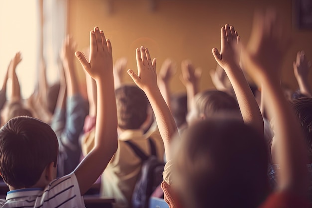 Groupe d'étudiants et levant une main en classe IA générative