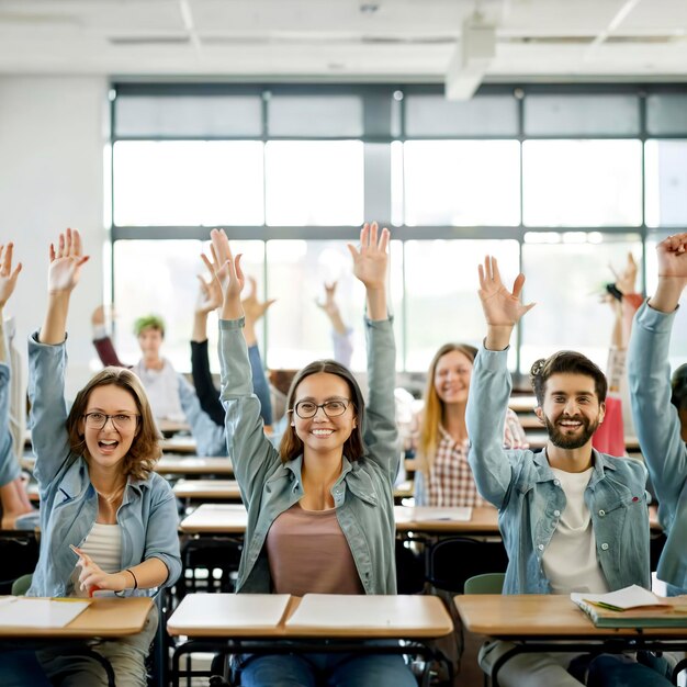 Un groupe d'étudiants lève une main en classe.