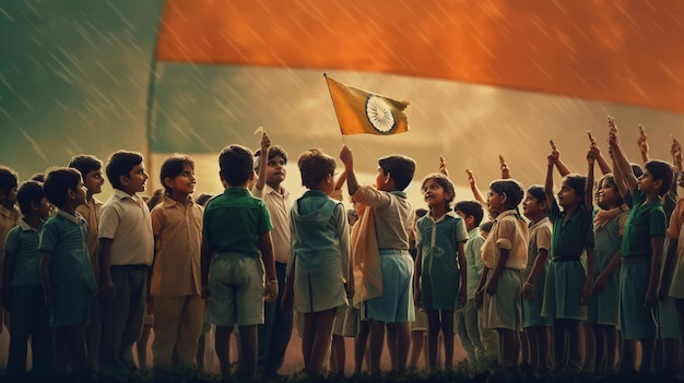 Photo un groupe d'étudiants participant à une cérémonie de hissage du drapeau saluant le drapeau indien et chantant