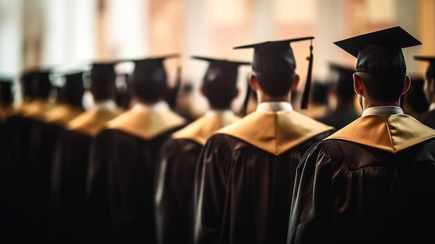 Un groupe d'étudiants portant des casquettes de graduation noires se tient en ligne