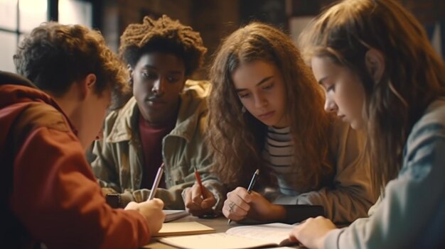 un groupe d'étudiants qui parlent et écrivent à l'école