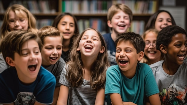 Un groupe d'étudiants rient et rient dans une bibliothèque.