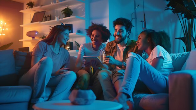 Photo un groupe excité de quatre amis regardant des contenus multimédias en ligne à partir d'une tablette dans une maison ia générative