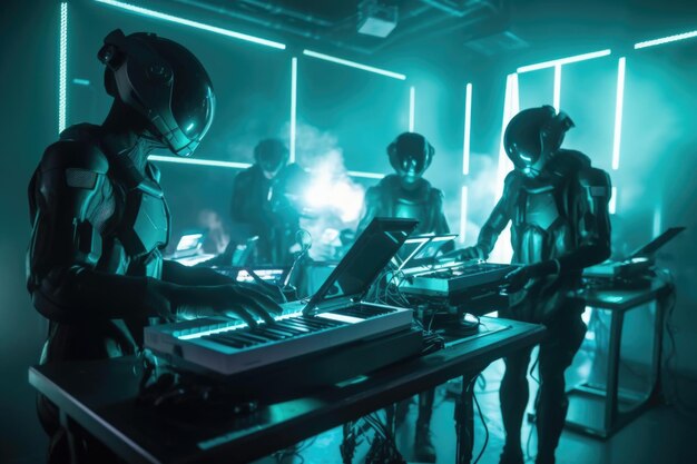 Groupe extraterrestre jouant un concert en direct dans un lieu futuriste de haute technologie créé avec une IA générative