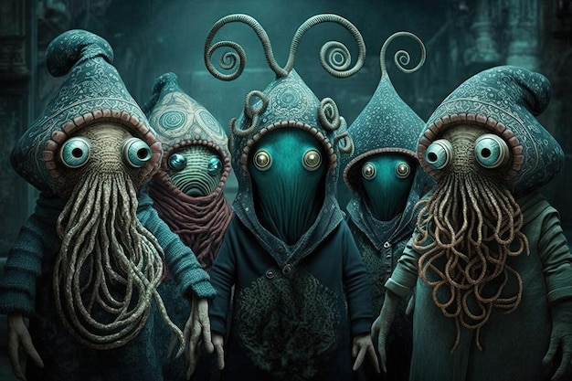 Photo un groupe d'extraterrestres essayant de se fondre avec les humains en portant des déguisements élaborés mais leurs multiples yeux et tentacules montrent toujours illustration générative ai