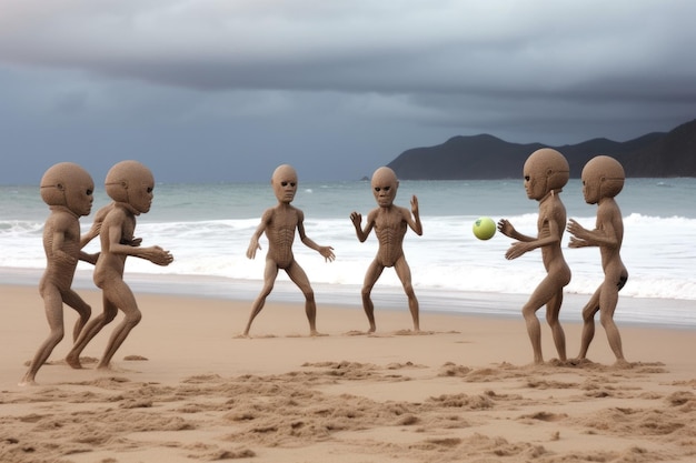 Groupe d'extraterrestres jouant au volley-ball sur la plage avec les vagues qui roulent créées avec une IA générative