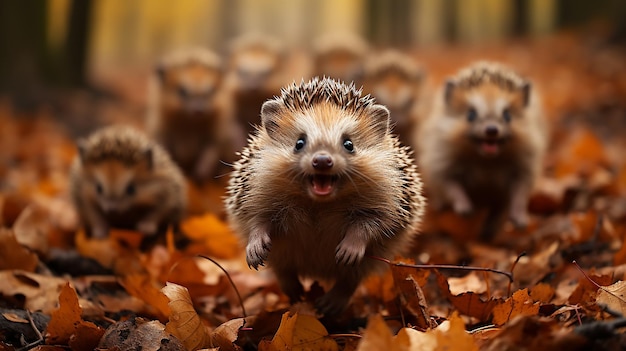 Photo groupe de famille de hérissons posant à l'automne communauté forestière faune collective feuille tombe en octobre