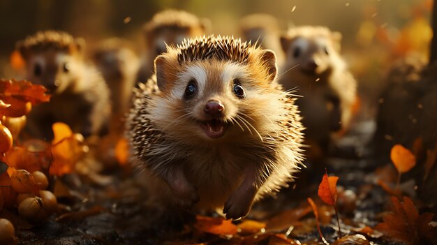 groupe de famille de hérissons posant à l'automne communauté forestière faune collective feuille tombe en octobre