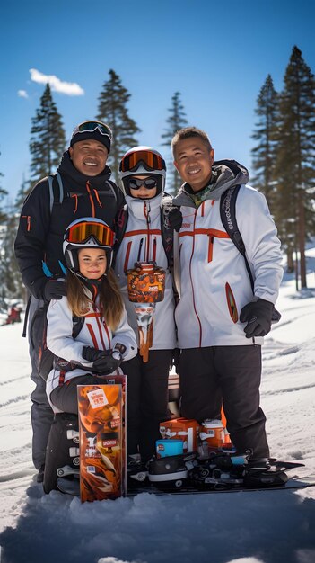 un groupe de familles asiatiques assises dans la neige avec des skis