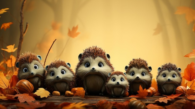 un groupe de familles de hérissons de dessins animés traverse la forêt d'automne une scène dynamique de chute des feuilles