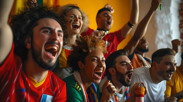 Un groupe de fans excités applaudissant une équipe sportive Des amis enthousiastes appréciant un match ensemble portant des maillots colorés Représentation de la passion et de l'unité dans l'IA sportive