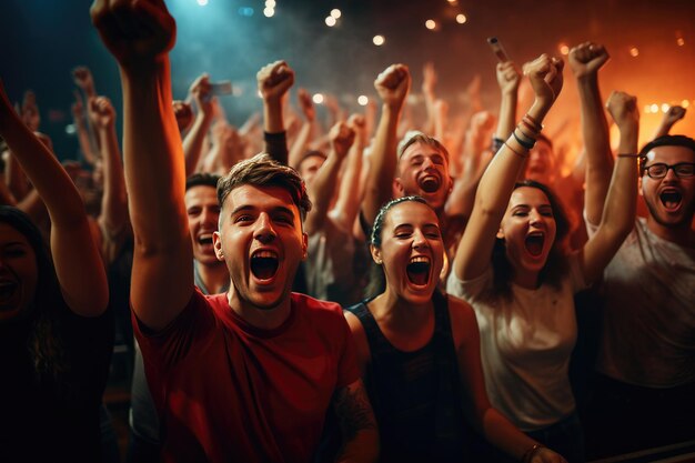 Photo un groupe de fans de football applaudissent la victoire de leur équipe.