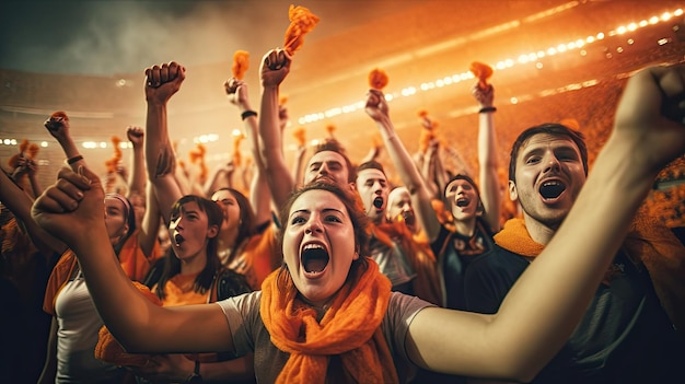 Photo un groupe de fans de football célébrant le succès de leur équipe sportive préférée sur les tribunes du stade professionnel generative ai