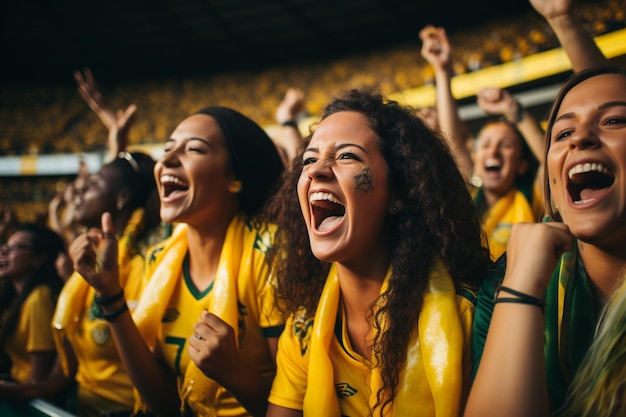 Un groupe de fans de football féminin soutient l'équipe d'émotion joie