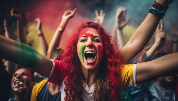 Un groupe de fans de football féminin soutient l'équipe d'émotion joie