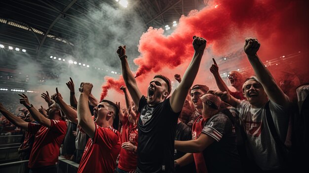 Photo un groupe de fans avec de la fumée rouge dans les stands avec le mot rouge sur eux