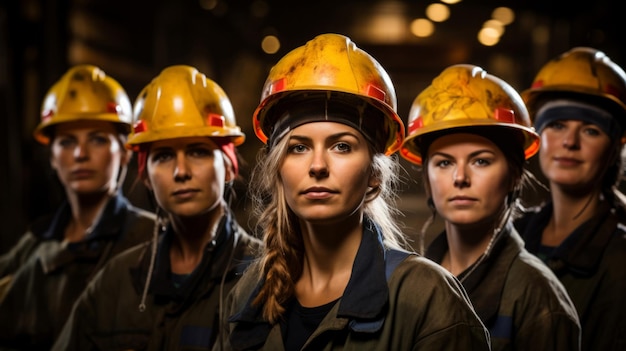 Groupe féminin d'ouvriers de la construction portant des casques de sécurité regardant des femmes ingénieurs et entrepreneurs