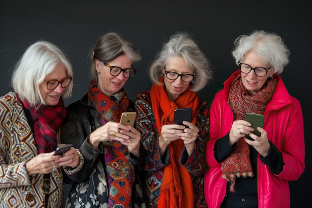 Un groupe de femmes d'âge moyen regardant des smartphones sur un fond noir