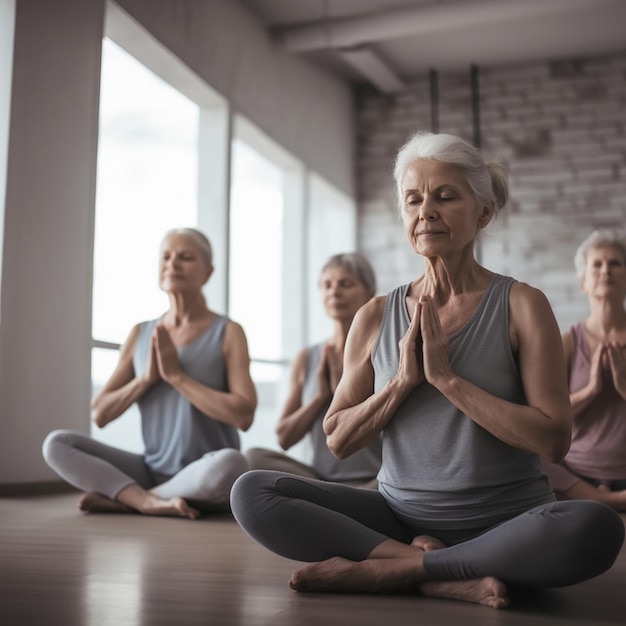 Un groupe de femmes âgées faisant du yoga dans la salle. Des femmes méditant dans la position du lotus.