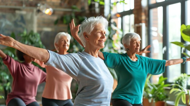 Un groupe de femmes âgées font du yoga dans un studio. Elles sourient toutes et semblent s'amuser.