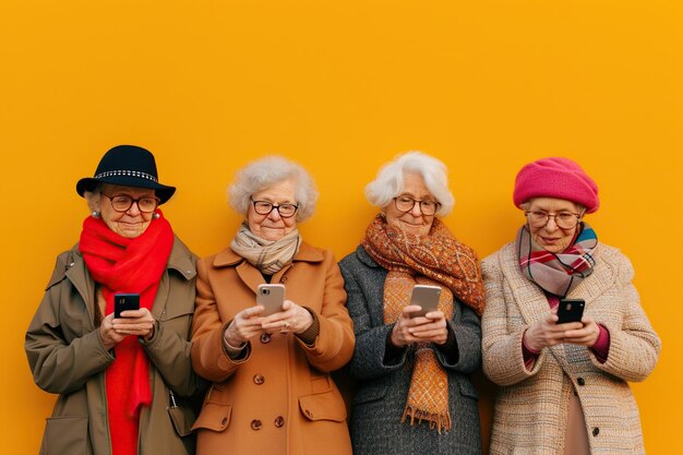 Un groupe de femmes âgées regardant des smartphones sur fond jaune