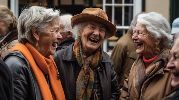 Un groupe de femmes âgées riant et riant dans une foule