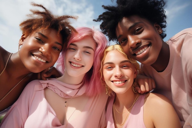 Photo un groupe de femmes aux cheveux roses posant pour une photo.