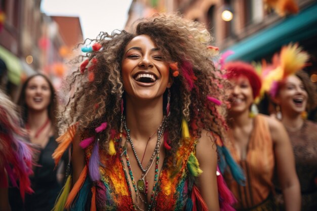 Groupe de femmes aux cheveux vibrants et colorés marchant dans une rue animée