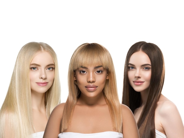 Groupe de femmes de beauté ethnique avec une peau de couleur de coiffure de race différente beau type de peau féminine. Prise de vue en studio.