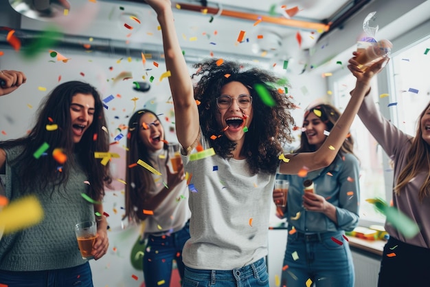 Un groupe de femmes célèbrent joyeusement le lancement de confettis en l'air dans un moment de pur bonheur Un groupe d'amis célébrant le lancement réussi d'un produit AI Generated