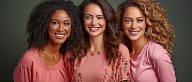 groupe de femmes debout ensemble et souriant Quatre femmes de formes et de tons variés face à la caméra