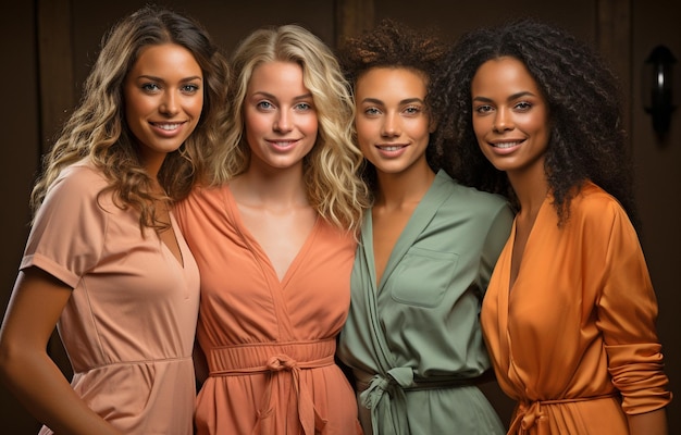 groupe de femmes debout ensemble et souriant Quatre femmes de formes et de tons variés face à la caméra