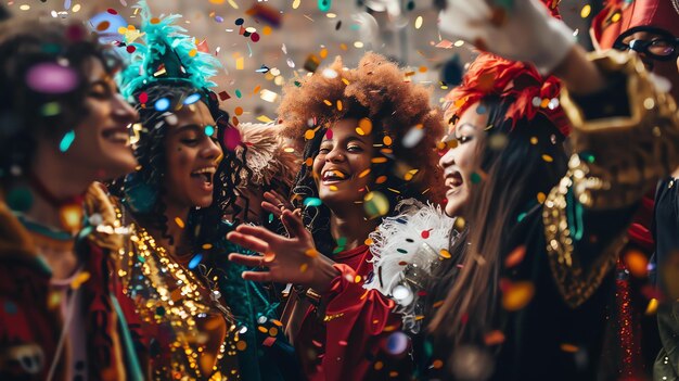 Un groupe de femmes diverses célèbrent le carnaval dans les rues. Elles portent des costumes colorés et dansent au rythme de la musique.