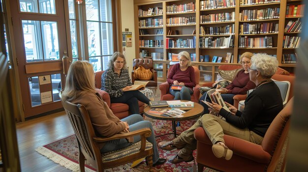 Un groupe de femmes est assis dans une bibliothèque à lire et à parler.