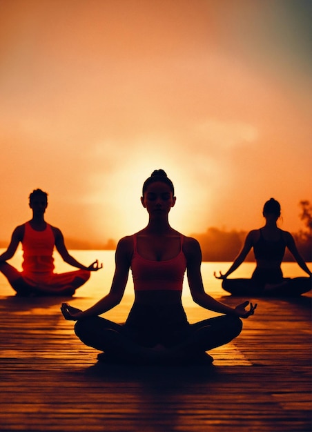 un groupe de femmes en lotus posent en lotus pose avec le soleil derrière eux